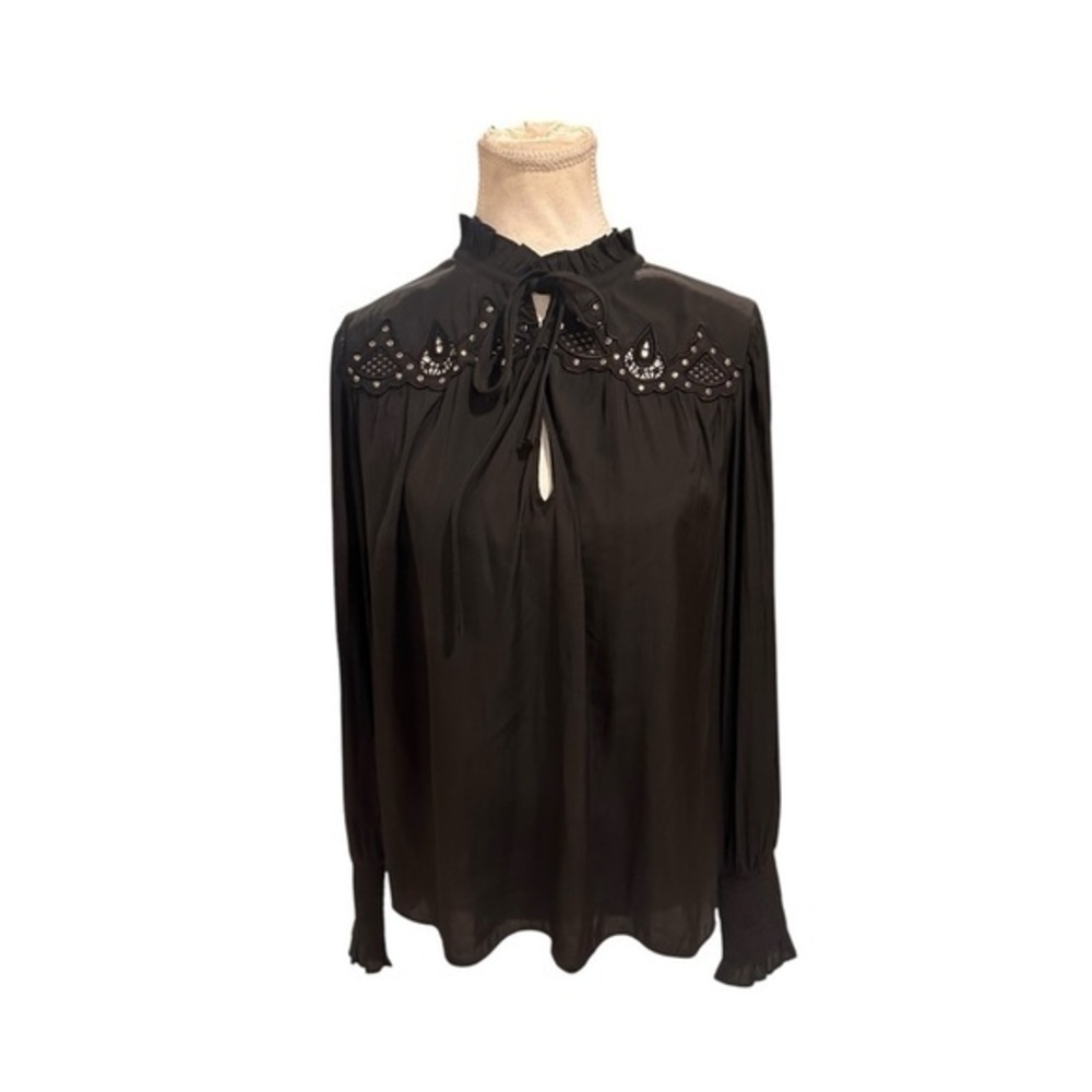 Ramy Brook womens Mandi Silky Blouse Top Medium Black Cut Embroidery Studs $385